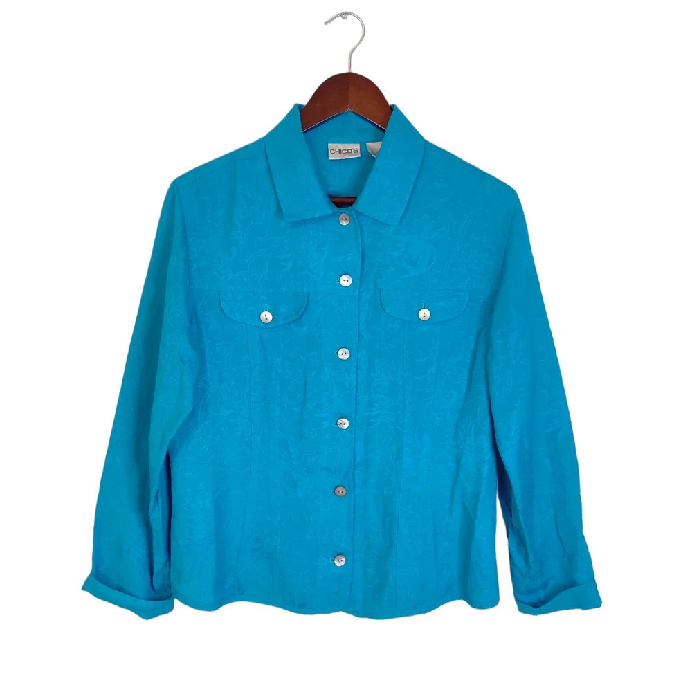 Chico's Teal Blue Linen Blend Collared Button Up Pockets Shirt Size 1‎ (M)